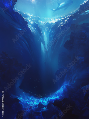 Underwater canyon with cascading blue layers creating a liquid avalanche visible through sonar-like ripples.