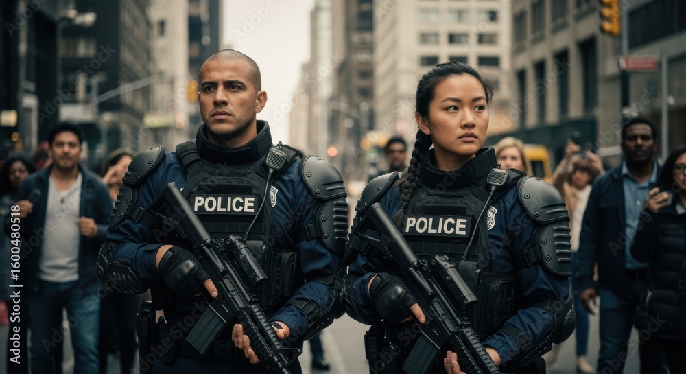Fototapeta premium Officers clad in tactical armor standing ready for crowd management in metropolitan area.