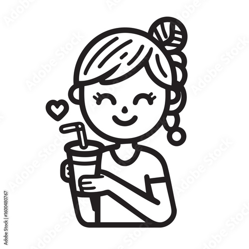 A young girl holds a cold beverage with a straw, smiling widely