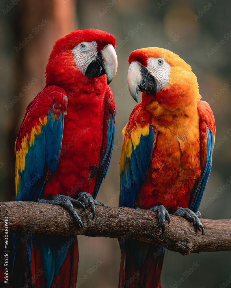 Fototapeta premium two macaws sitting together, vibrant feathers