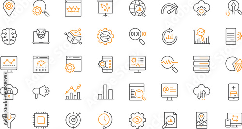  Productivity and Technology Icons – Workflow, Progress, Settings, Time, AI, Automation, Gears, Digital Tools, Vector Pack, Transparent Background