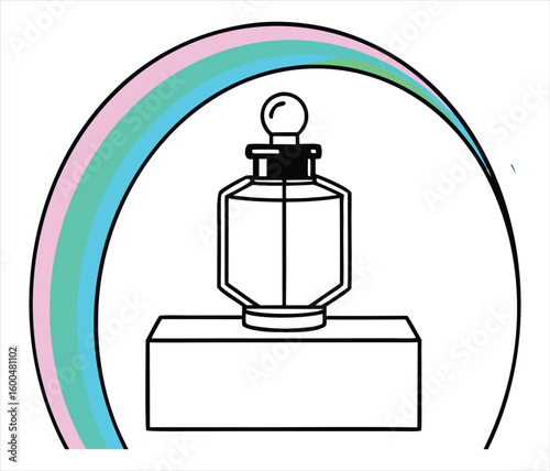 Vintage perfume bottle emblem with rainbow arch, perfume, or cosmetics packaging design. Brand identity for vintage-style beauty products. Emblem or badge for boutique shops or artisan perfumers. 

