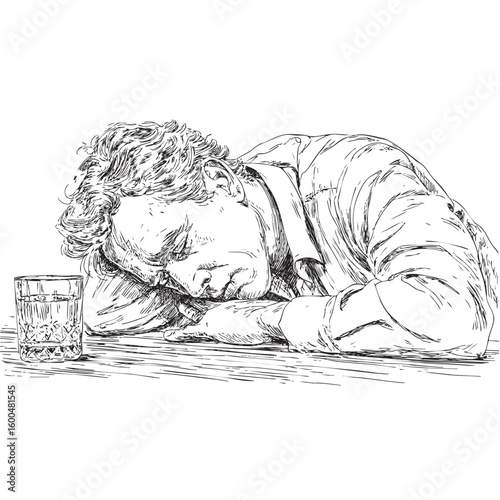 Emotional moment of a man leaning on a table with a glass of whiskey