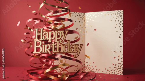 Golden Happy Birthday Text With Red Ribbons And Confetti