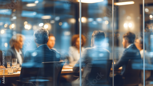 Group of Business People Engaged in Meeting Behind Closed Glass Doors in Modern Office Setting