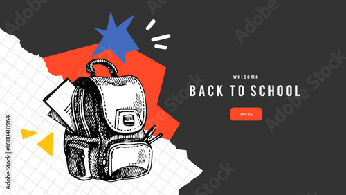 Back to school sketch collage background with backpack. School poster design template. Vector hand drawn illustration