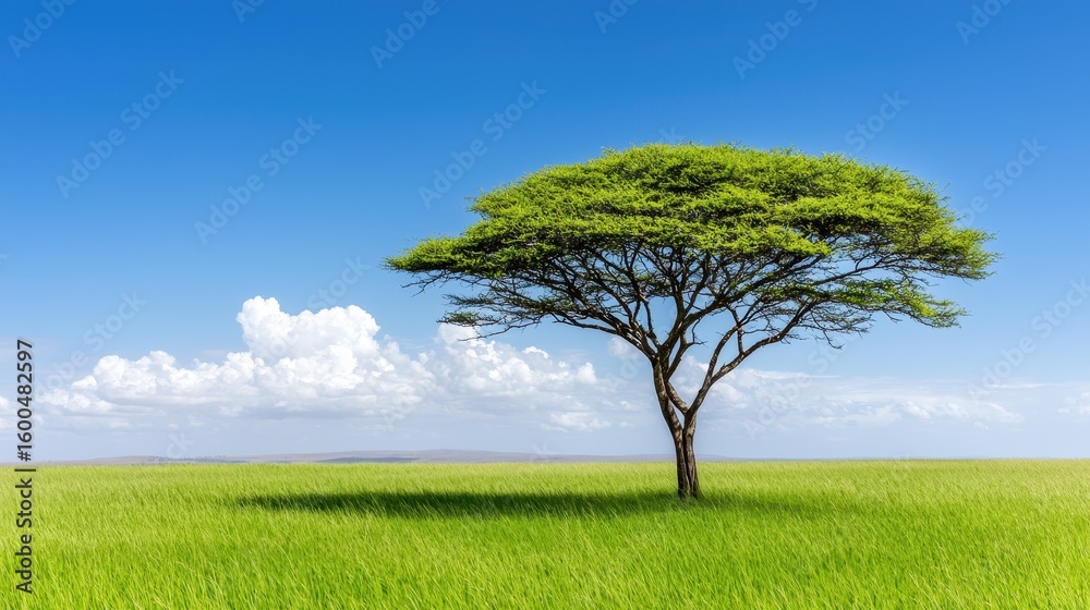 Fototapeta premium Single Acacia Tree on a Green Field Under a Blue Sky