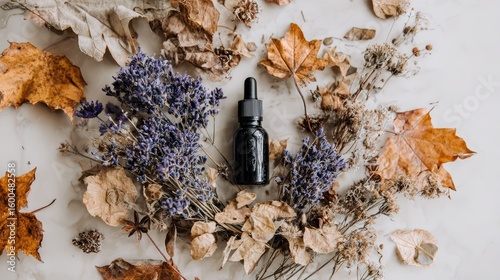 Dark Glass Bottle of Essential Oil Surrounded by Dried Lavender and Autumn Leaves