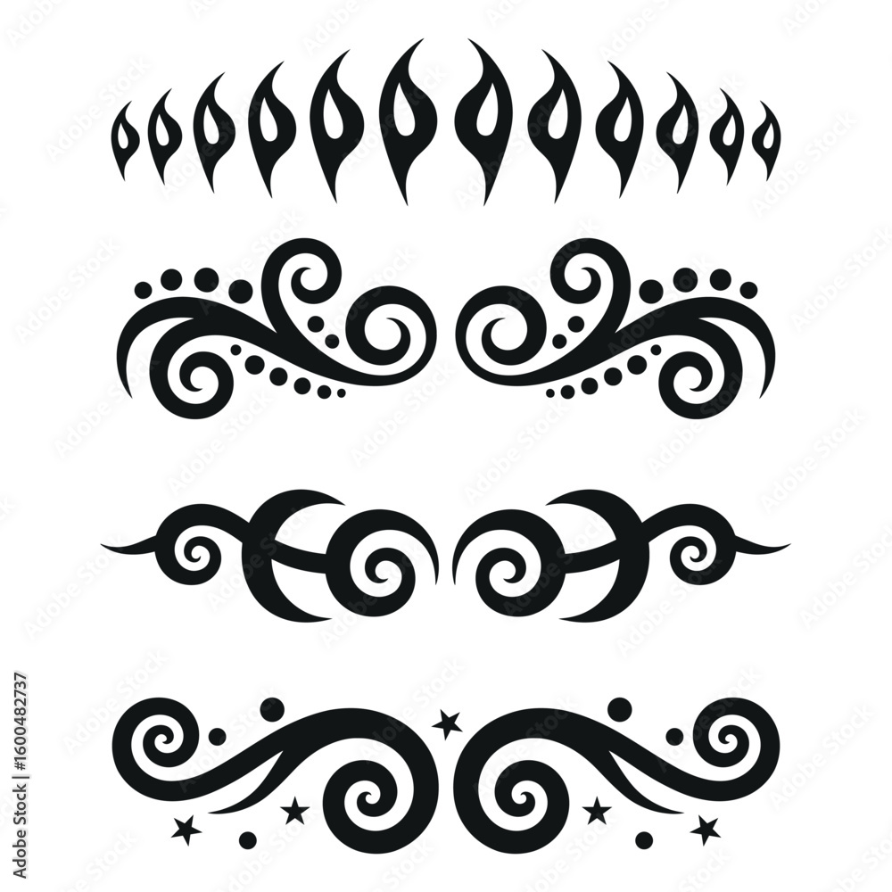 Fototapeta premium Collection of four decorative ornamental swirls, borders, flourishes and dividers, ornate tribal elements in black on white background