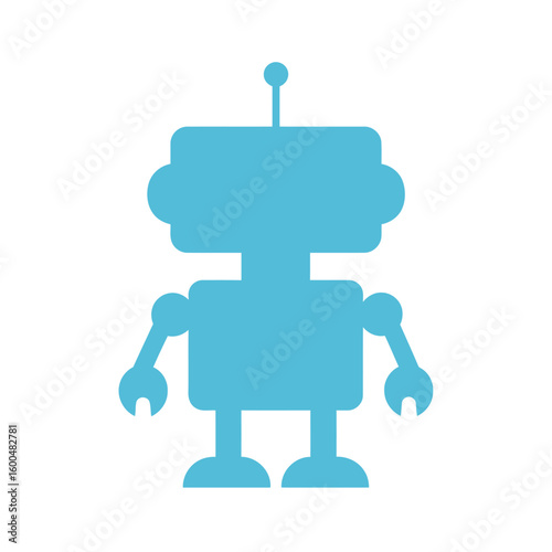 Minimalist light blue robot silhouette with a blocky body, single antenna, and pincer hands.