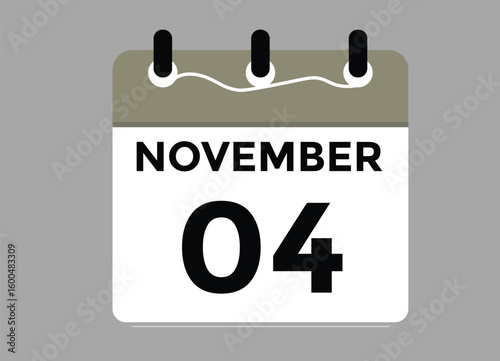
4 November, calendar date icon. 4 November Calendar Date for Deadlines or Appointment. Day, month. vector illustration.
