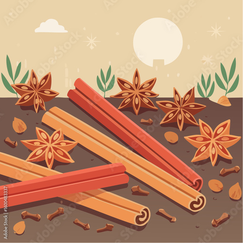 Abstract wallpaper illustration of Christmas spices