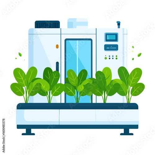 Futuristic vertical farming machine with an integrated planter box growing lush green leafy plants.