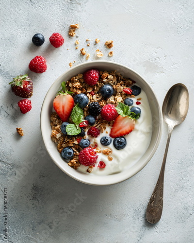 healthy breakfast bowl with granola, fresh berries and yogurt, top view, bright natural light