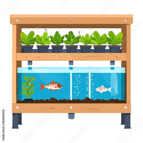 Aquaponics System with Wooden Stand and Growing Plants