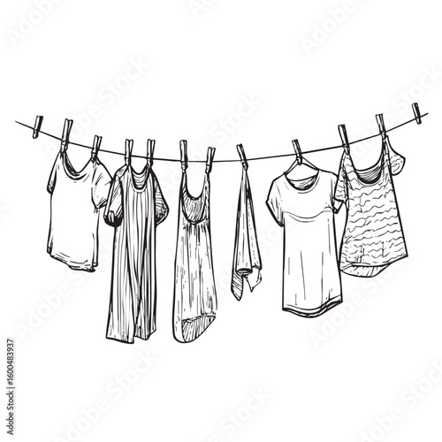 Clothes drying on a line outdoors in a sunny setting