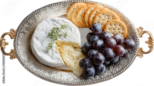 Elegant Serving Tray with Cheese: A flat lay of an elegant serving tray with cheese, grapes, and crackers, isolated on a Transparent background, PNG file.