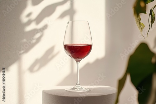 Elegant photo of single glass of red wine on a white surface, featuring minimal background, rich deep color of wine. Ideal for menus, advertising and lifestyle blogs