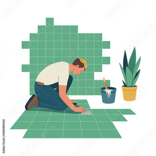 Skilled handyman installing vibrant green tiles for a modern renovation project with professional precision