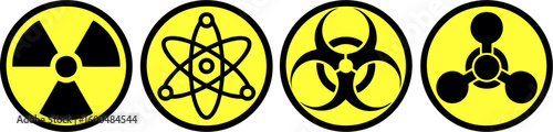 This image shows four yellow and black hazard symbols: radiation, atom, biohazard, and chemical hazard. Each symbol represents a different form of danger—radioactive material, atomic energy, biologica