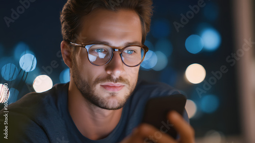 Focused man with glasses looking at phone screen in a softly lit environment with a bokeh background