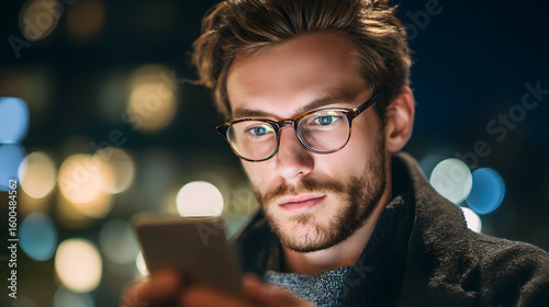 Focused man wearing glasses looking at phone screen in urban nighttime setting with blurred lights