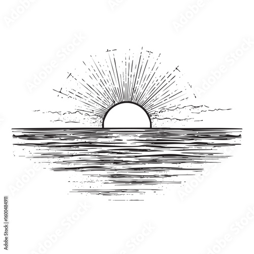 Beautiful ocean sunset with shining rays over tranquil water