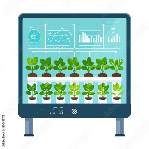 Smart indoor vertical farm with automated plant growth monitoring on a digital screen.