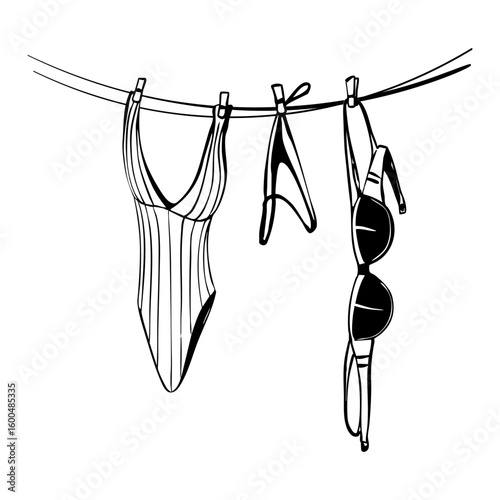 Womens Swimsuit Hanging on a clothesline. Summer Clothes Bikini Fashion Hand drawn Inky Vector illustration.