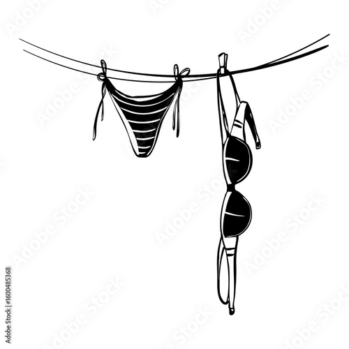 Womens Swimsuit Hanging on a clothesline. Summer Clothes Bikini Fashion Hand drawn Inky Vector illustration.