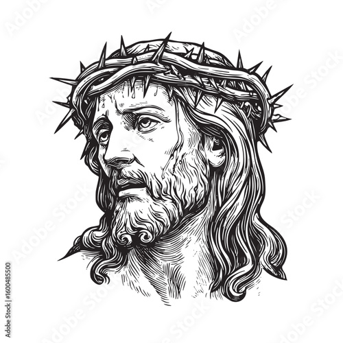 Jesus Christ with thorn crown head sketch for religious art purposes