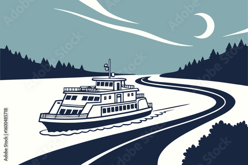 Ferry boat sailing on water with winding road and moon in the background at night in simple style