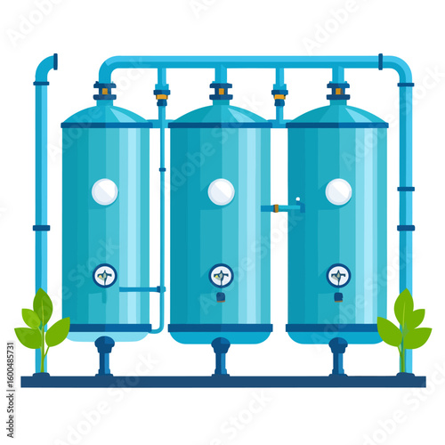 Eco-friendly water purification system with three blue vertical tanks, pipes, and pressure gauges.