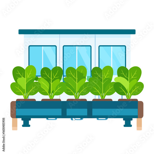 A row of vibrant green leafy plants growing in a modern blue hydroponic planter system.