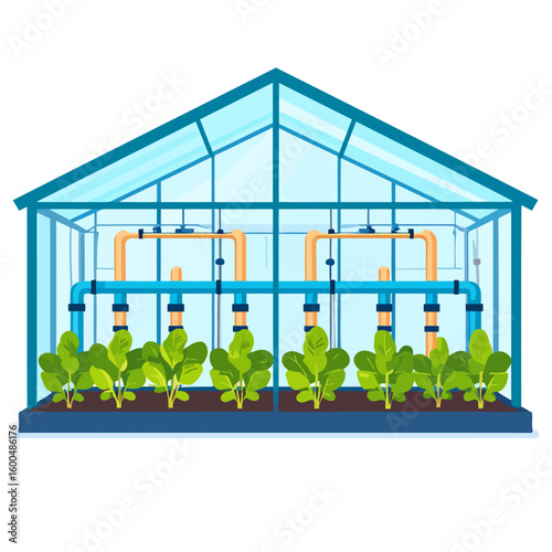 Modern greenhouse with vibrant green plants and blue irrigation system, flat vector illustration.