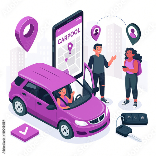 Modern carpool app concept showing shared ride in city with friendly passengers and user navigation