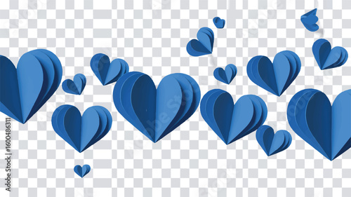 Multiple blue paper hearts floating on transparent background