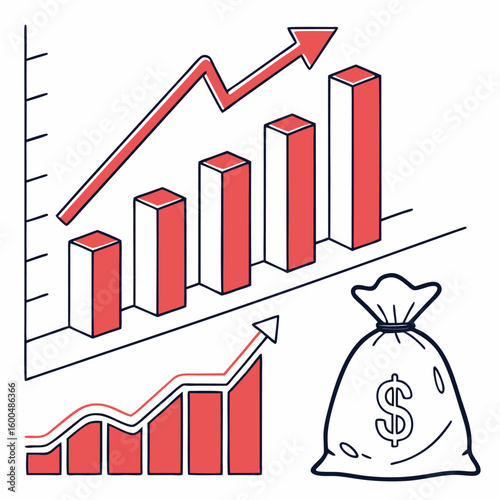 Uplifting 3D business graph with an arrow illustrating financial growth and market success