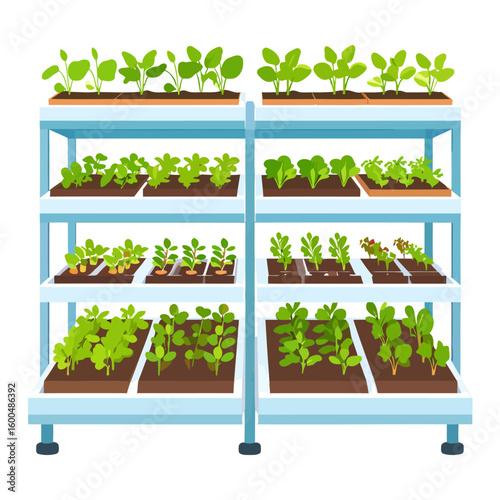 Modern vertical farm with multi-tiered racks growing fresh green seedlings and plants in trays.