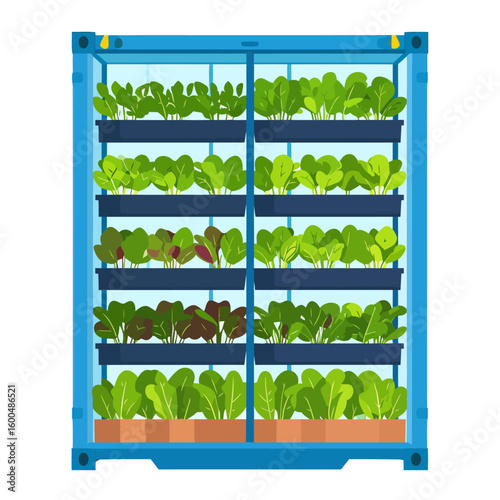 Blue shipping container converted into a vertical farm with shelves of growing leafy vegetables, flat vector illustration.