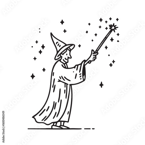 Magical wizard casting spells under a starry night sky