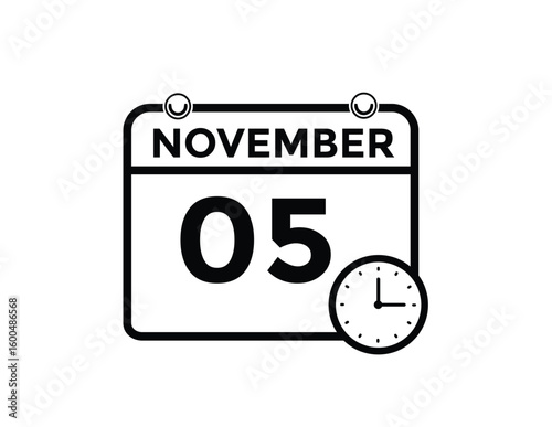 5 November, calendar date icon. 5 November Calendar Date for Deadlines or Appointment. Day, month. vector illustration.
