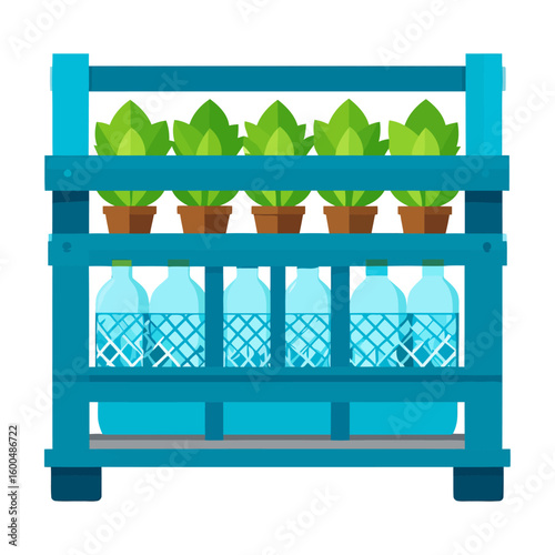 Blue vertical hydroponic gardening rack with potted green seedlings and a water supply system.
