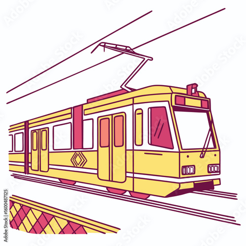Illustration of a yellow and pink tram with overhead wires on a railway track at a station platform