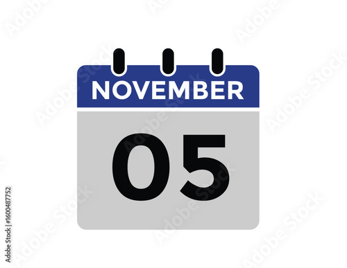 5 November, calendar date icon. 5 November Calendar Date for Deadlines or Appointment. Day, month. vector illustration.