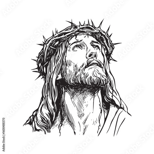 Jesus Christ with crown of thorns looking upwards in devotion