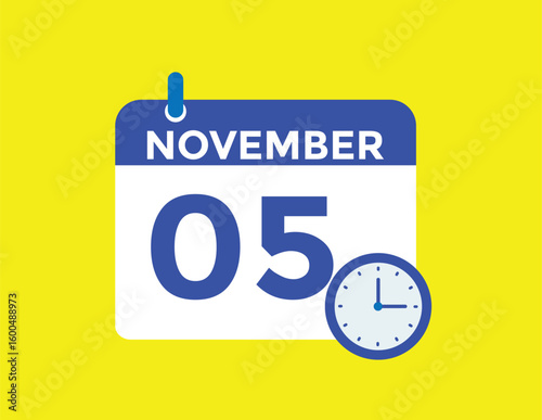 5 November, calendar date icon. 5 November Calendar Date for Deadlines or Appointment. Day, month. vector illustration.