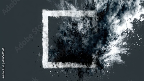 Digital art of a white square disintegrating into black and white dust