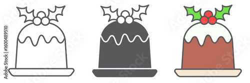 Christmas pudding icon collection, merry christmas and dessert, holly berries sign vector set graphics, editable stroke linear icon, eps 10