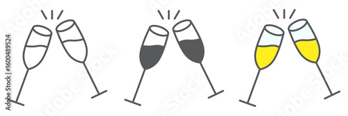 Champagne glasses icon collection, merry christmas and toast, two glasses of champagne sign vector set graphics, editable stroke linear icon, eps 10